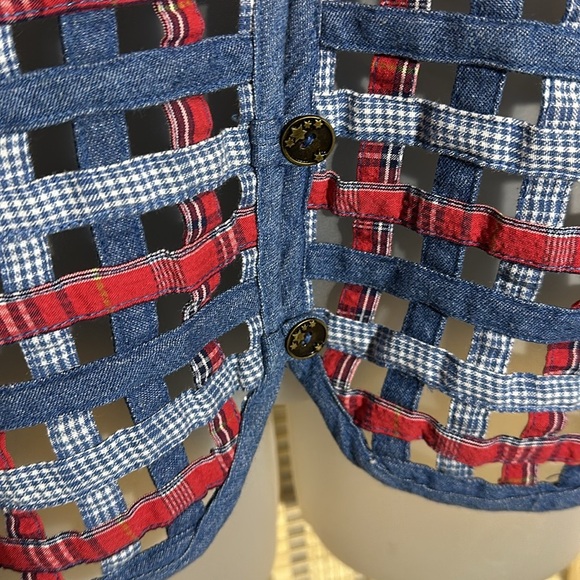 Koret City Blues Vintage 1990s Y2K Blue Denim Patchwork Open Holes Vest Large - Picture 9 of 15